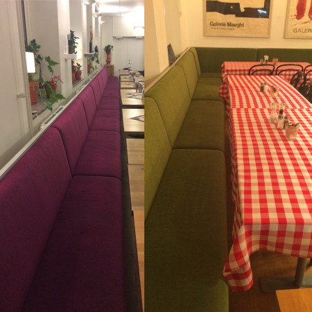Den Gada Restaurangen på Karolinska med 47 meter omstoppade samt omklädda soffor i tyg från Svenssons, dec 2019.